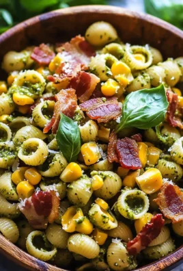 Corn Pasta Salad with Bacon and Creamy Pesto Dressing