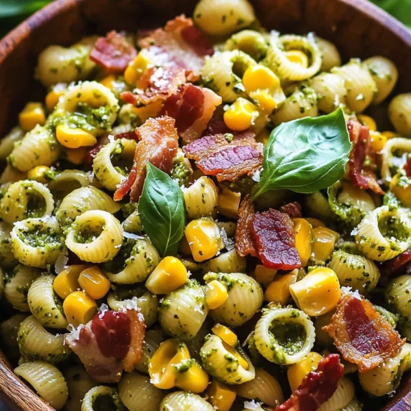 Corn Pasta Salad with Bacon and Creamy Pesto Dressing