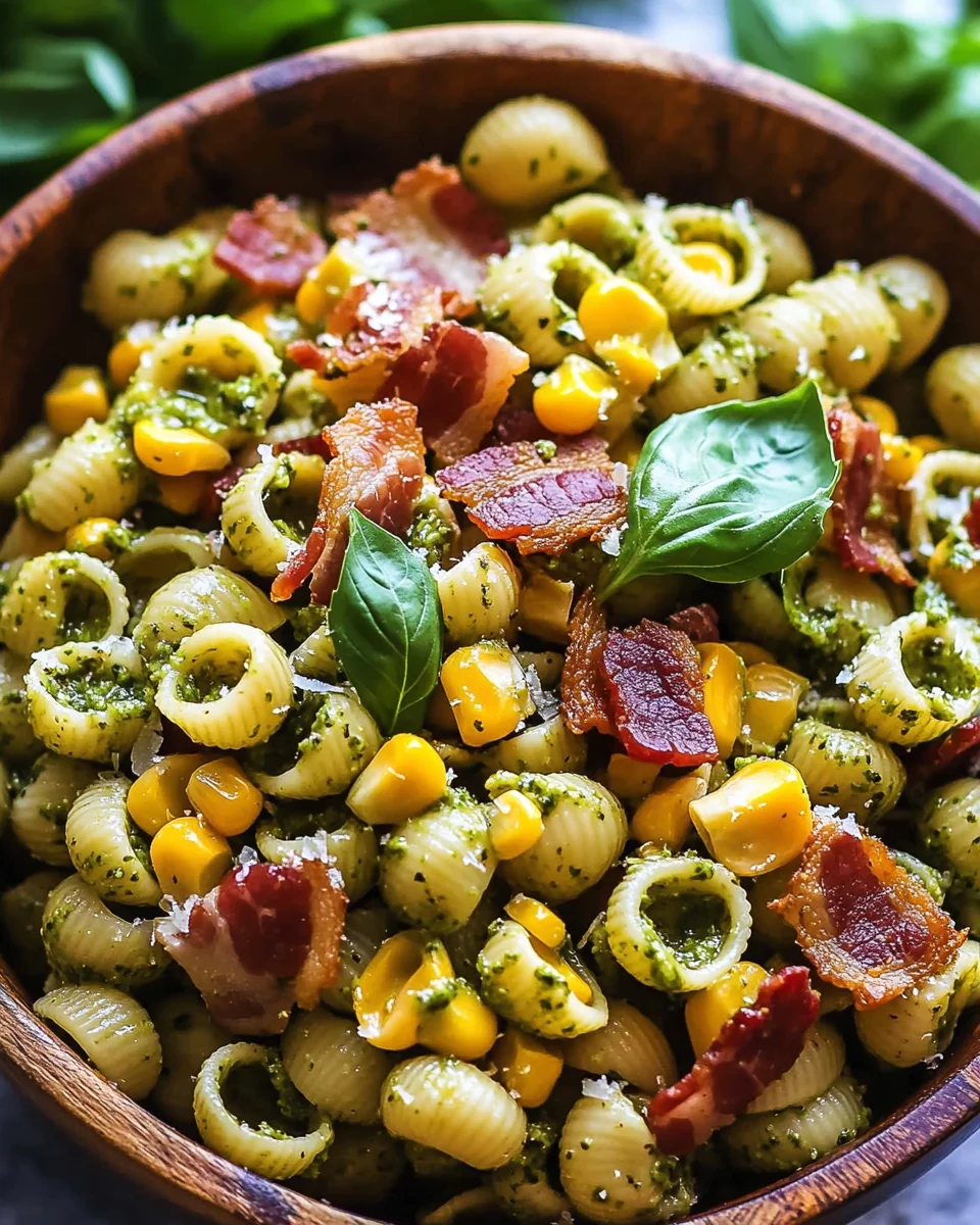 Corn Pasta Salad with Bacon and Creamy Pesto Dressing