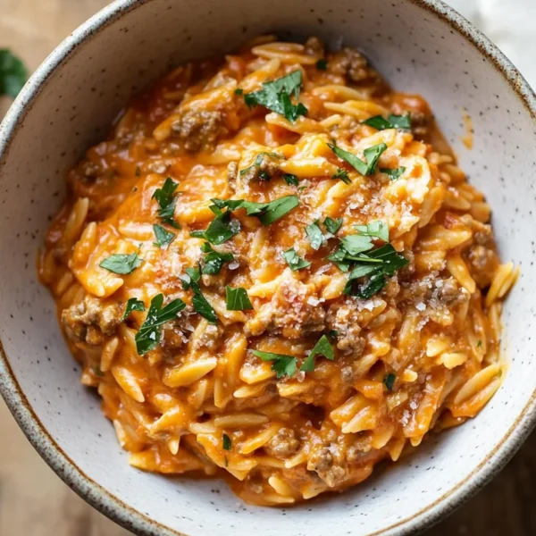 Ground Beef Orzo with Tomato Cream Sauce