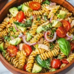 Healthy Chicken Pasta Salad with Avocado, Tomato, and Basil