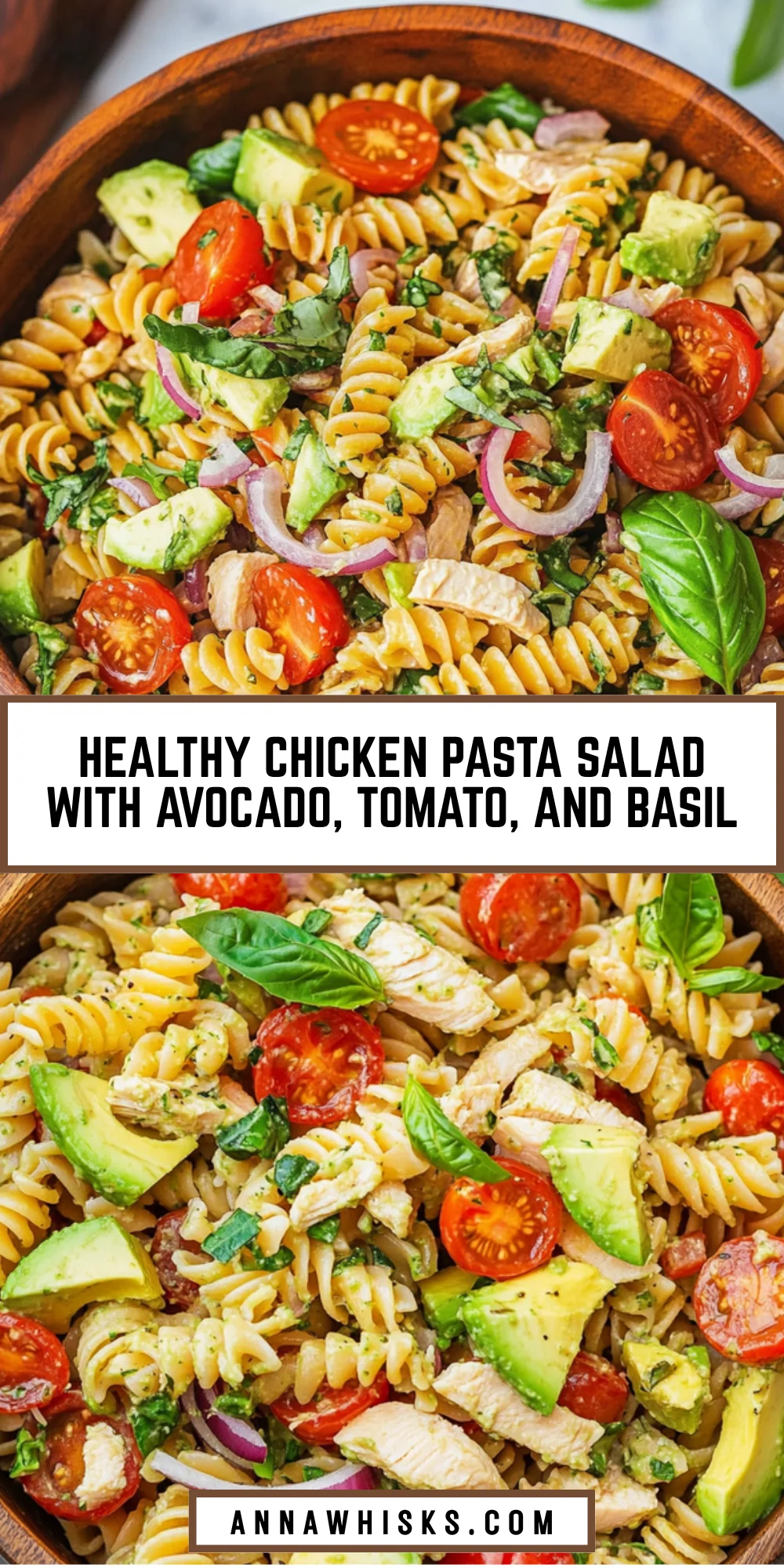 Healthy Chicken Pasta Salad with Avocado, Tomato, and Basil 18 Pinterest Hidden Image