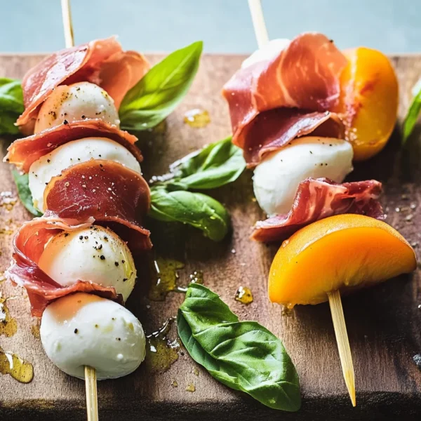 Mozzarella, Prosciutto, and Pickled Peach Appetizer Skewers
