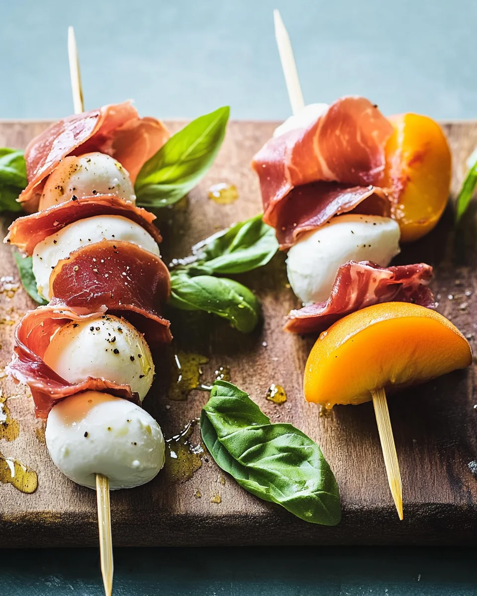 Mozzarella, Prosciutto, and Pickled Peach Appetizer Skewers