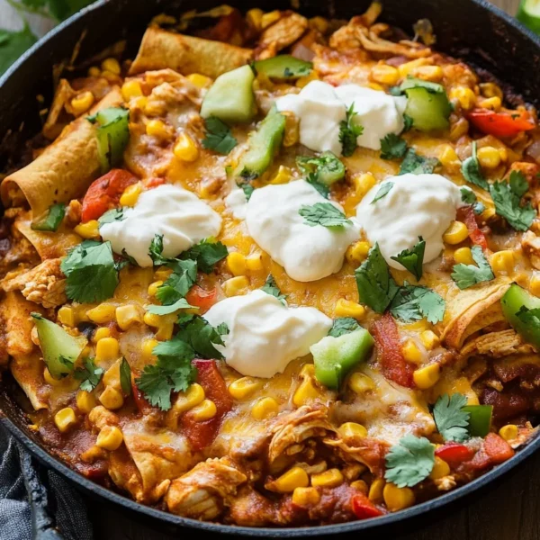 One Skillet Street Corn Chicken Enchilada Bake