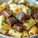 Garlic Butter Steak Tips with Cheesy Rigatoni