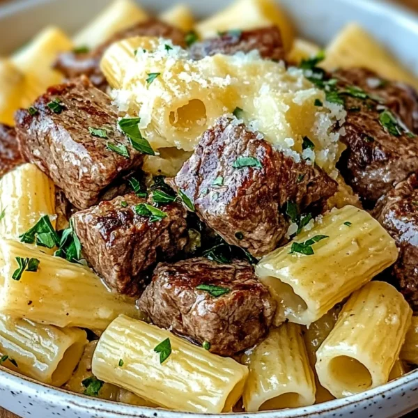 Garlic Butter Steak Tips with Cheesy Rigatoni
