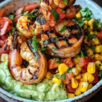 Grilled Shrimp Bowl with Avocado, Corn Salsa & Creamy Sauce