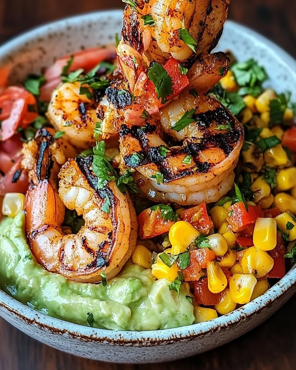 Grilled Shrimp Bowl with Avocado, Corn Salsa & Creamy Sauce